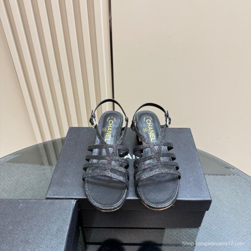 2025 Women Chanel Black Leather Sandals KFY00290