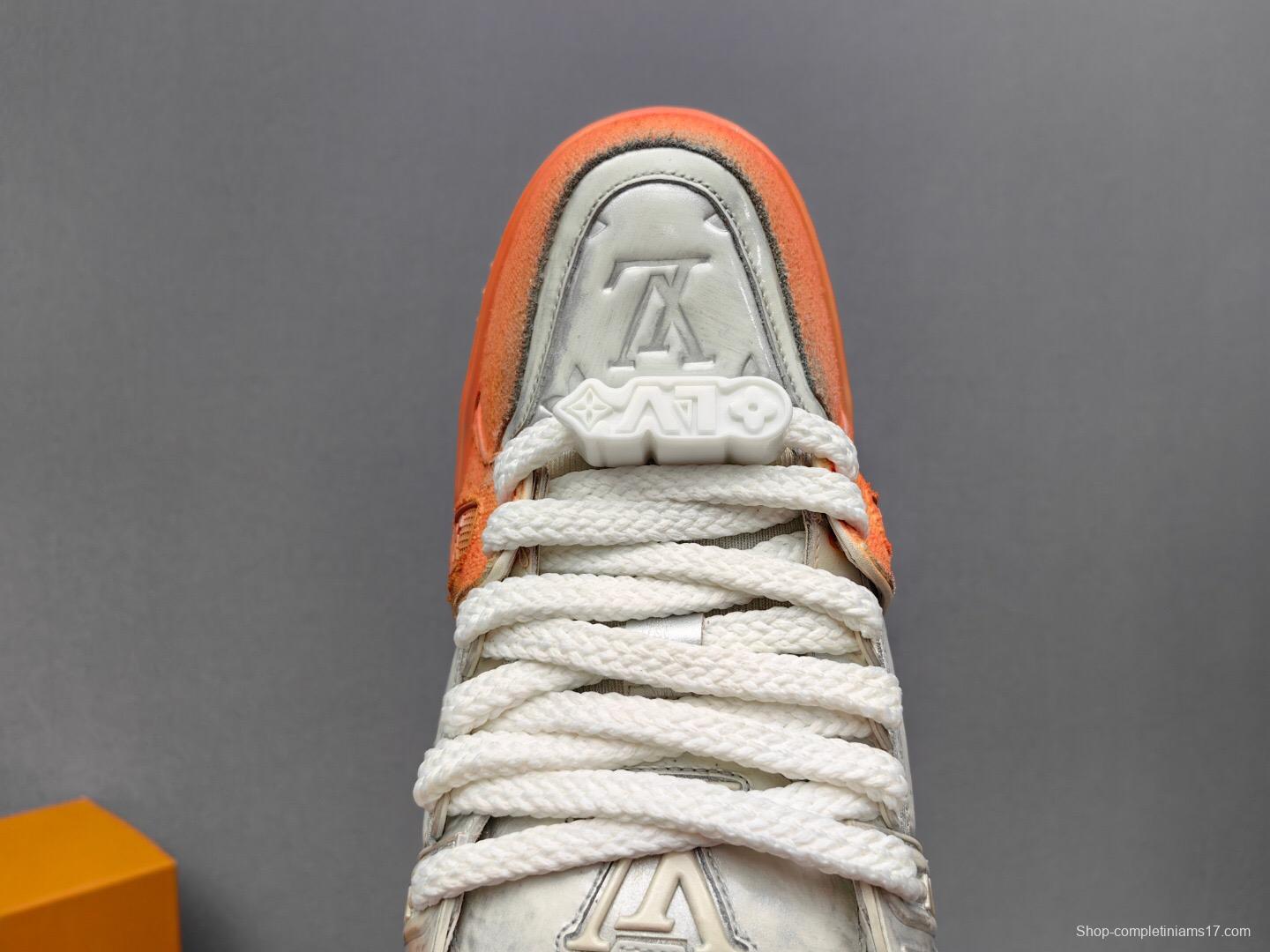 2025 Unisex Louis Vuitton Orange White Denim Leather Plimsolls Complex Wash KFY00510
