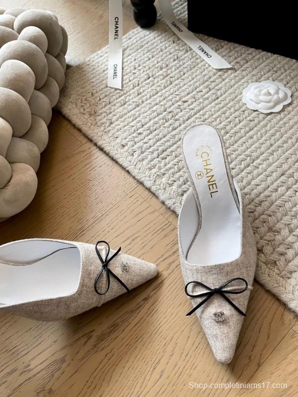 2025 Women Chanel Beige Fabric Pointed Toe Mules KFY00290