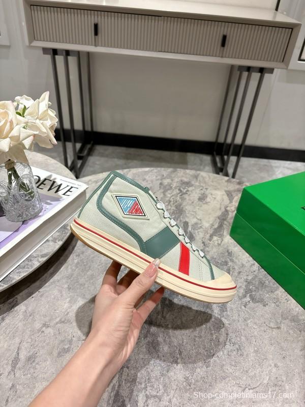 2025 Women Bottega Veneta Green White Red Canvas Leather High Top Sneakers