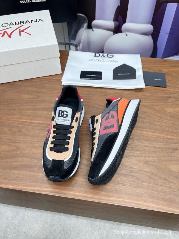 2025 Unisex Dolce & Gabbana Black Brown Red PU Leather Mesh Casual Sneakers LY00300