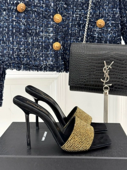 2025 Women Yves Saint Laurent Black Gold Leather High Heel Slip-On LY00300