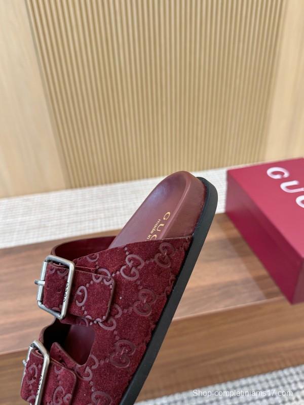 2025 Women Gucci Red Suede Leather Sandals Double Buckle LY00260