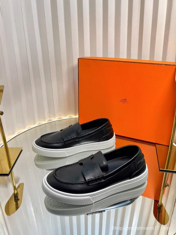 2025 Unisex Hermès Black Leather Fabric Loafers Slip-On LY00310(F)/LY00320(M)