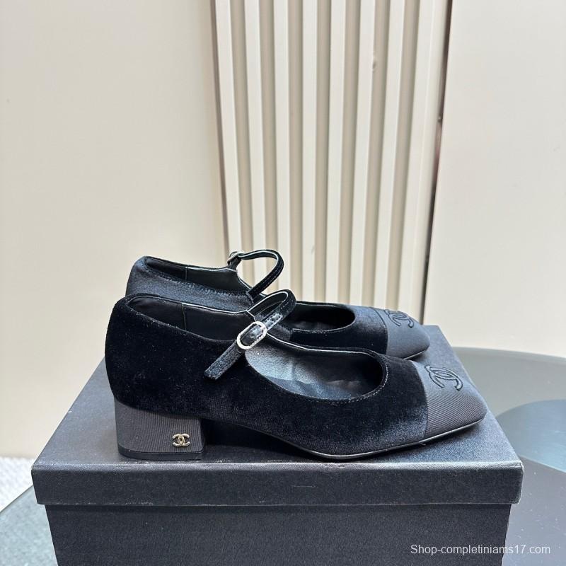 2025 Women Chanel Black Velvet Leather Mary Jane
