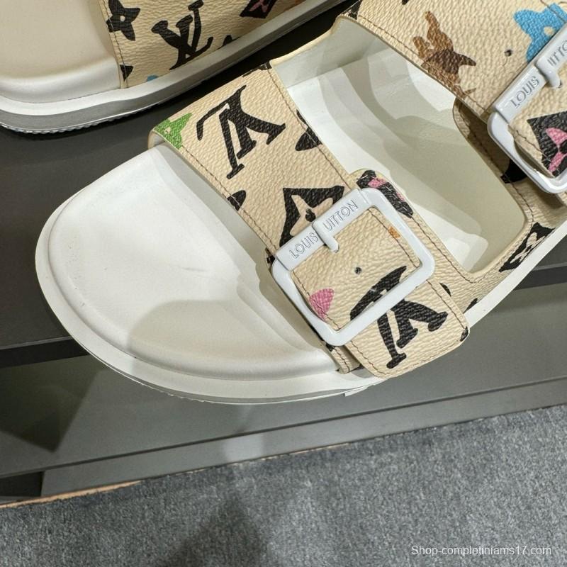 2024 Slippers Louis Vuitton Beige Multicolor Leather Slippers