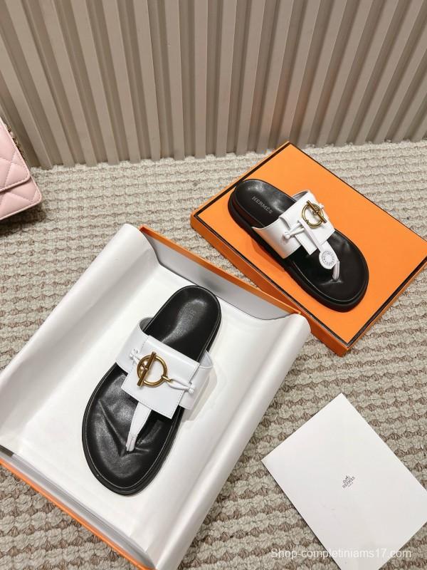 2025 Women Hermès White Leather Slippers LY00270