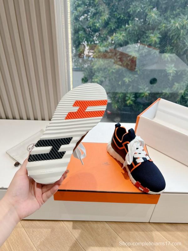 2024 Unisex Hermès navy orange knit leather sneakers