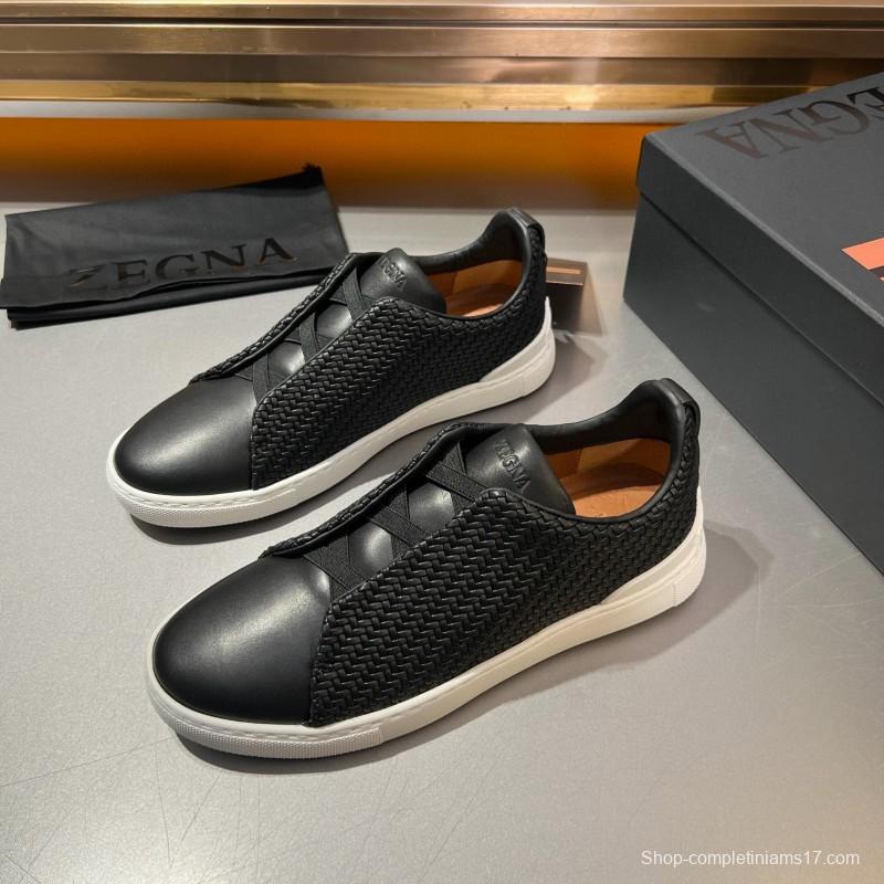 2024 Men Ermenegildo Zegna Black Smooth Calfskin Pelletessuta Sneakers Elastic Detail MJ00280