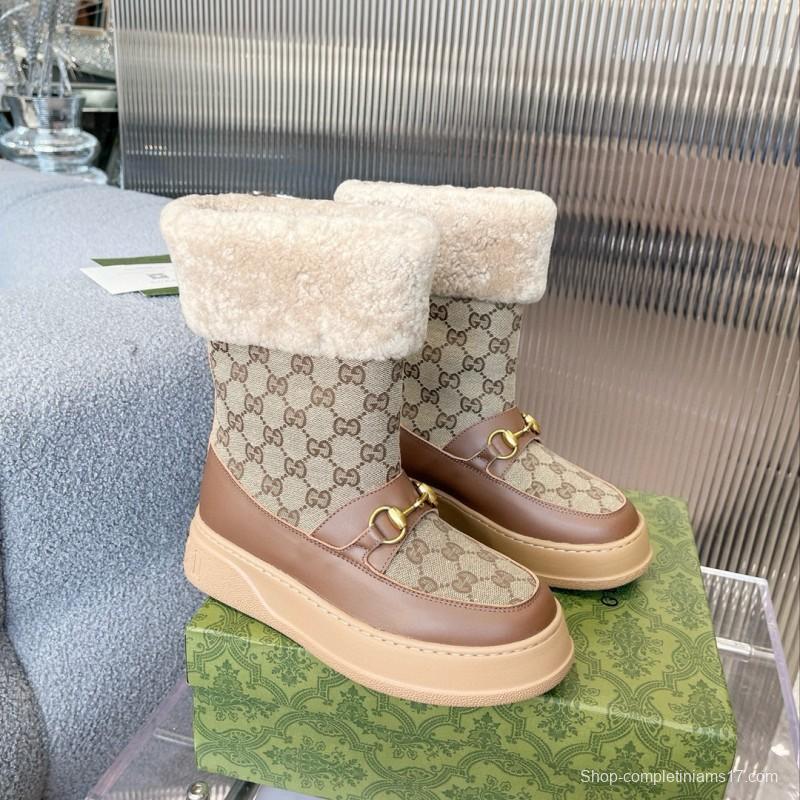 2024 Women Gucci beige brown leather shearling snow boots MJ00420