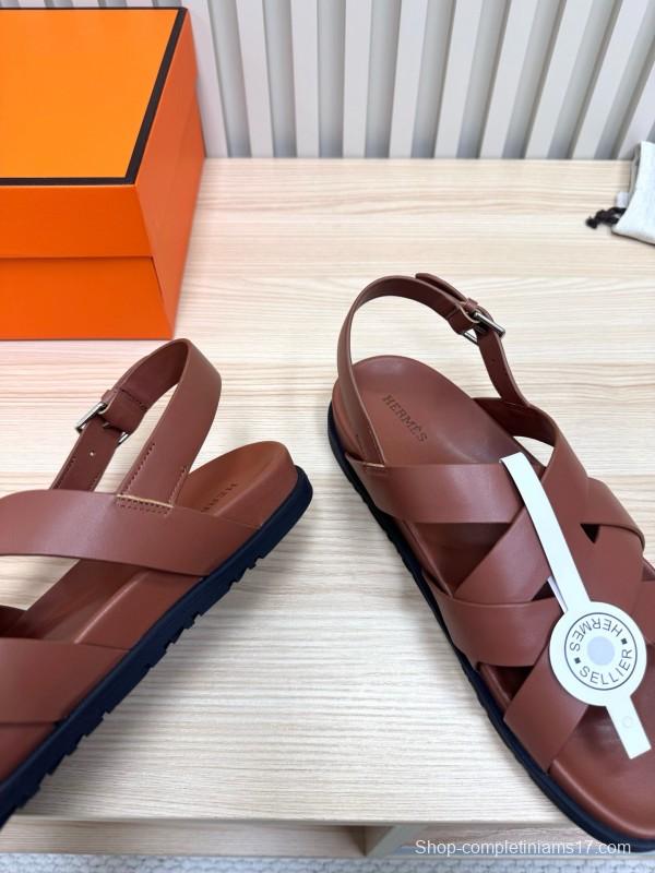 2025 Women Hermès Brown Leather Sandals LY00270