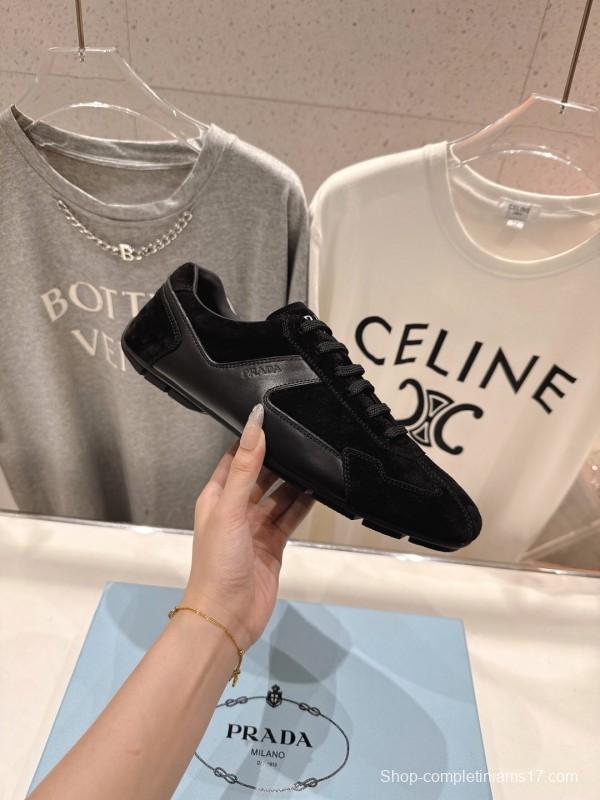 2025 Unisex Prada Black Suede Leather Casual Shoes KFY00300