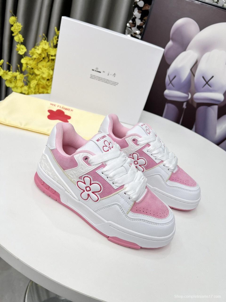 2025 Unisex WEFLOWER White Pink Suede Leather Sneakers LY00280
