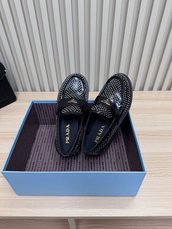 2025 Women Prada Black Leather Loafers Studded LY00340