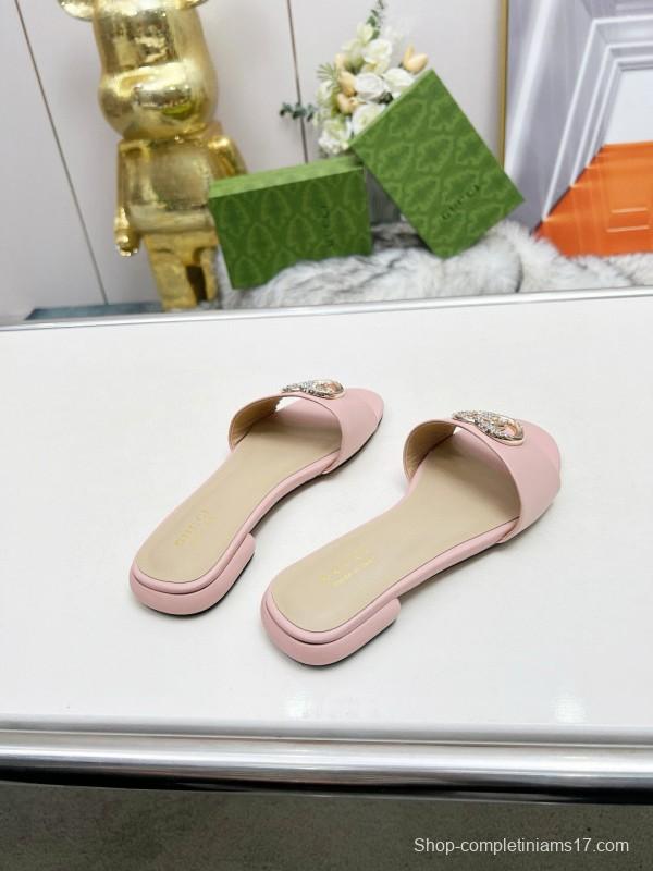 2025 Women Gucci Pink Leather Slippers GG Buckle MJ00190