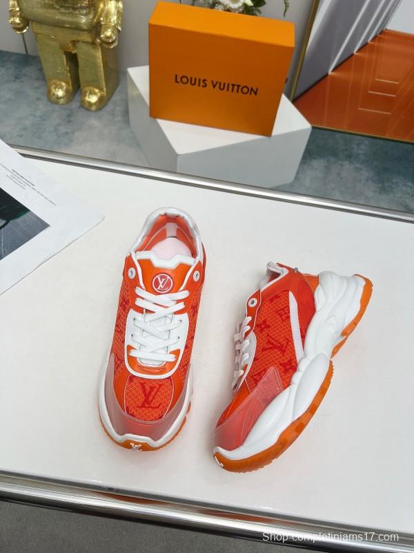 2025 Unisex Louis Vuitton Orange White Mesh Leather Sneakers LY00340(F)/LY00341(M)