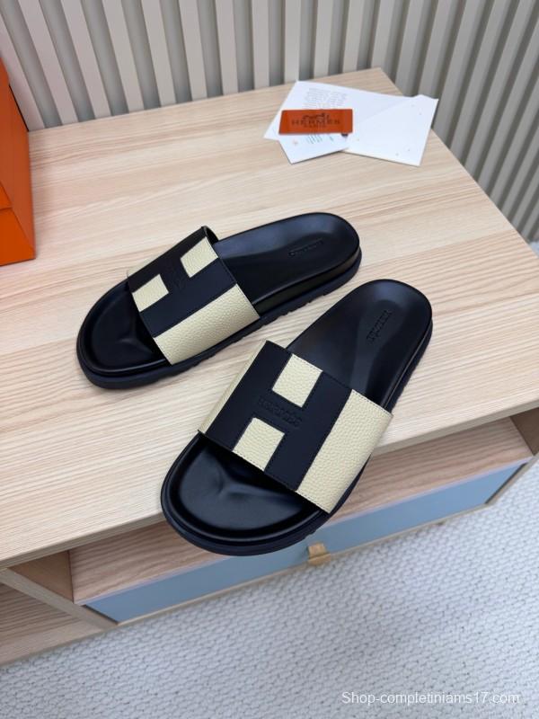 2025 Slippers Hermès Black Beige Leather Slides