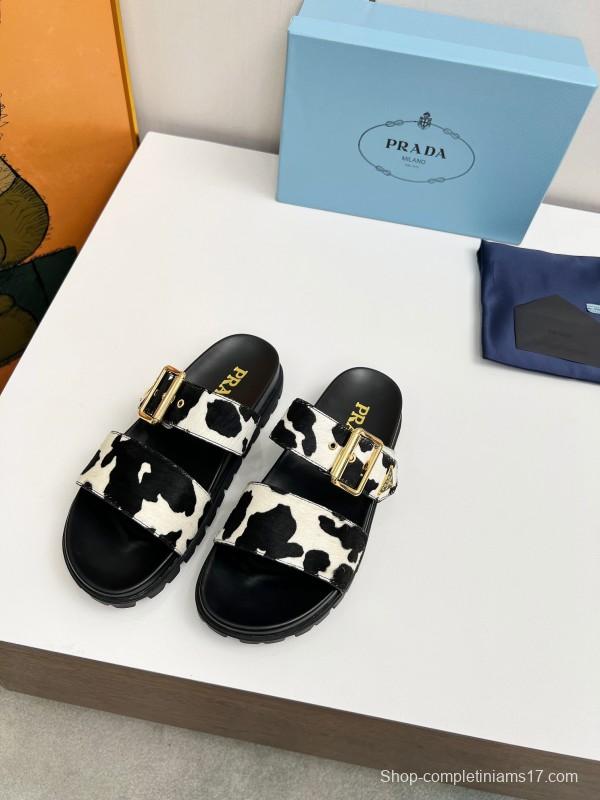 2025 Women Prada Black White Calf Hair Leather Sandals LY00260