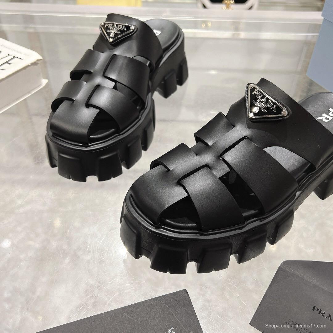 2025 Women Prada Black Leather Slingback Sandals LY00250