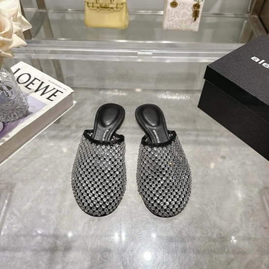 2025 Slippers Alexander Wang Black Crystal Mesh Leather Slippers LY00310
