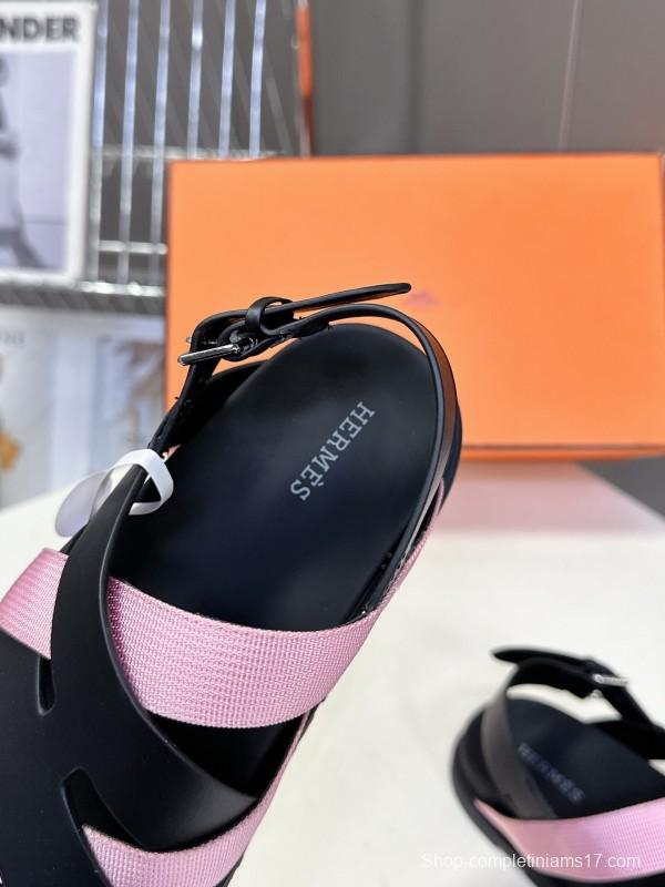 2025 Women Hermès Pink Black Leather Sandals