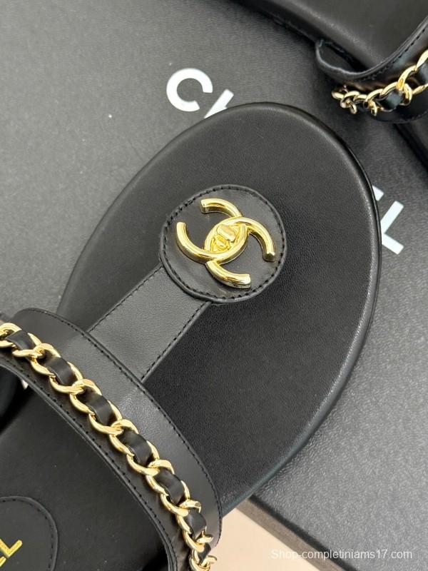 2025 Women Chanel Black Leather Slippers Chain KFY00250