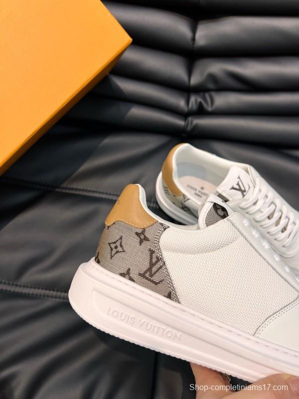 2024 Unisex Louis Vuitton White Brown Mesh Leather Sneakers MJ00400