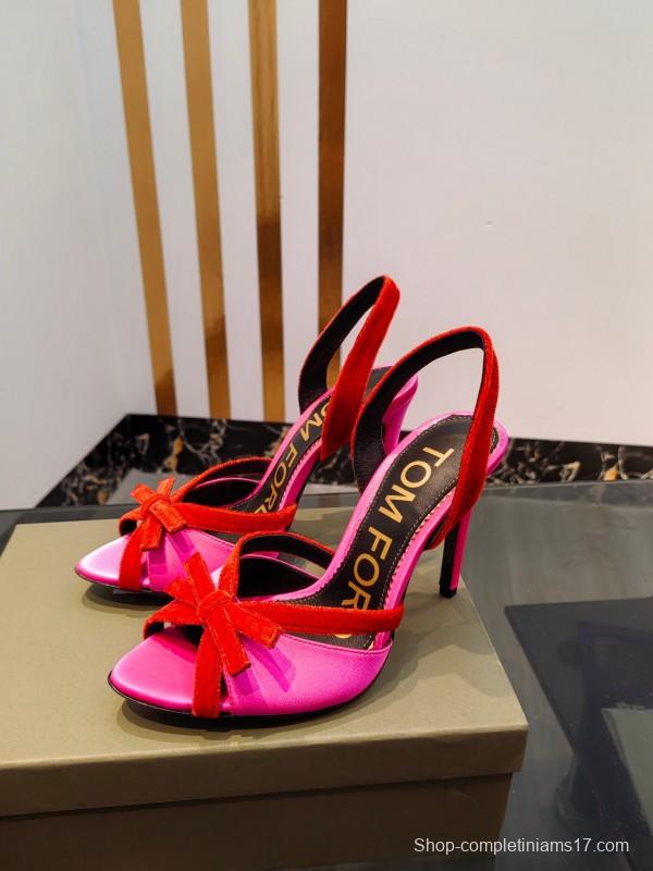2025 Women TOM FORD Pink Red Velvet Silk High Heel Open Back Sandals