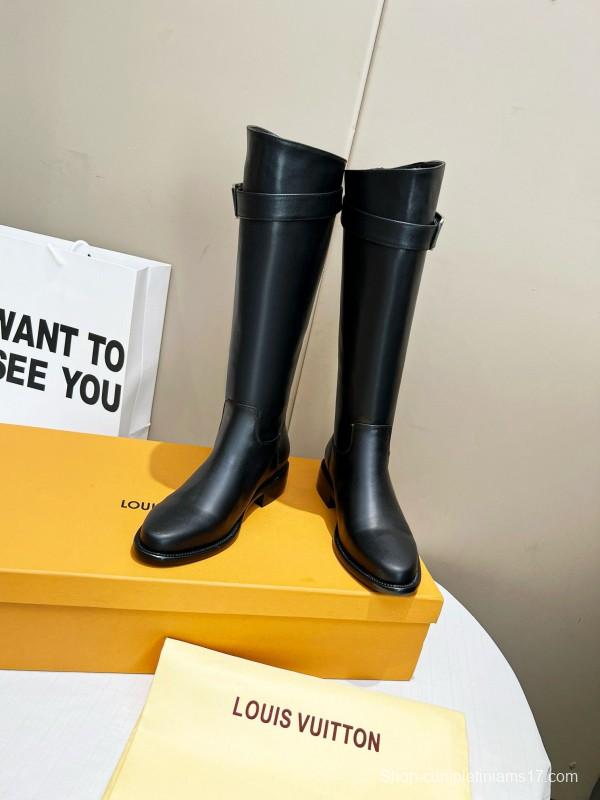 2024 Women Louis Vuitton Black Full Grain Leather Knee High Boots MJ00400