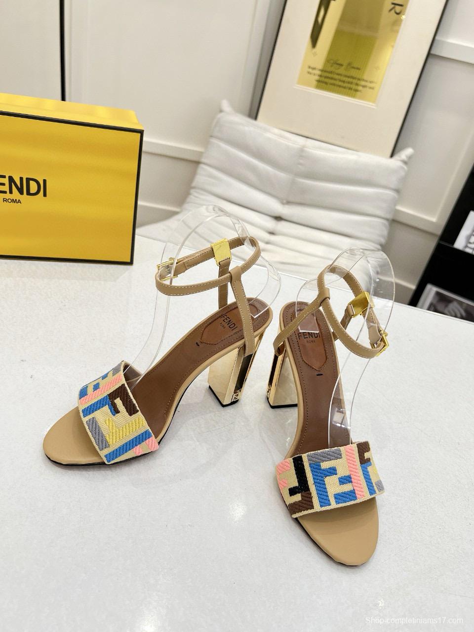 2025 Women Fendi Beige Canvas Leather High Heel Buckle MJ00280
