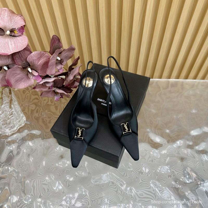 2025 Women Yves Saint Laurent Black Leather Slingback Pumps MJ00300