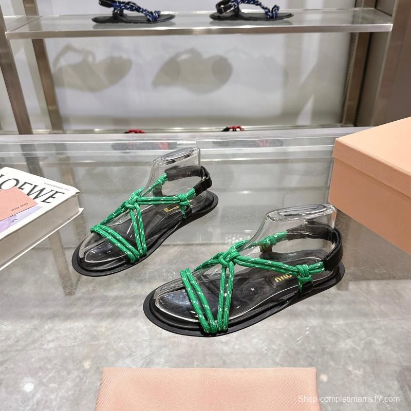 2025 Women Miu Miu Green Black Rope Leather Sandals