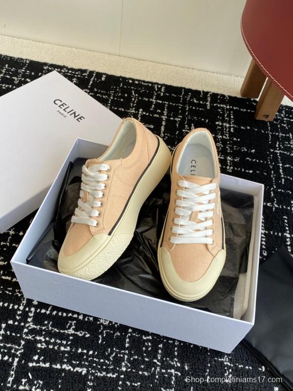 2025 Women Celine Beige Canvas Leather Platform Sneakers