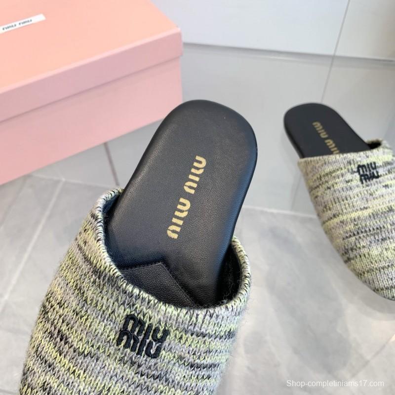 2025 Miu Miu Grey Black Fabric Slippers