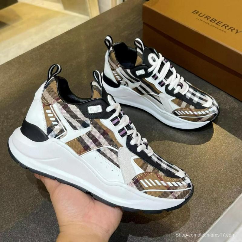 2025 Unisex Burberry Brown White Black Cotton Calfskin Suede Sneakers Check MJ00380(W/M)