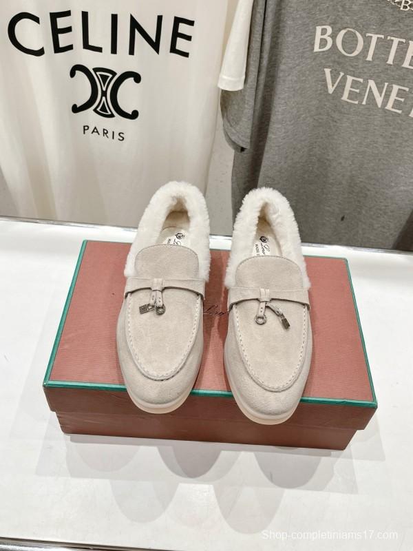 2024 Women LP Beige Suede Loafers Furry Lining MJ00300