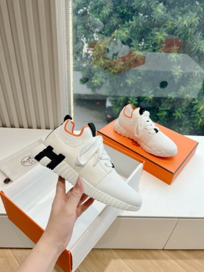 2024 Unisex Hermès White Black Orange Calf Suede Sneakers MJ00290