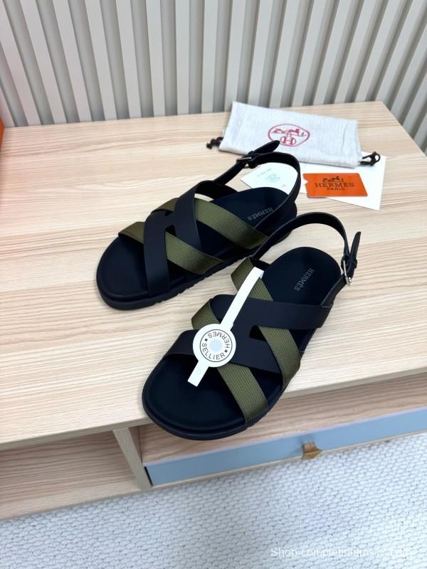 2025 Women Hermès Black Green Leather Nylon Sandals LY00270