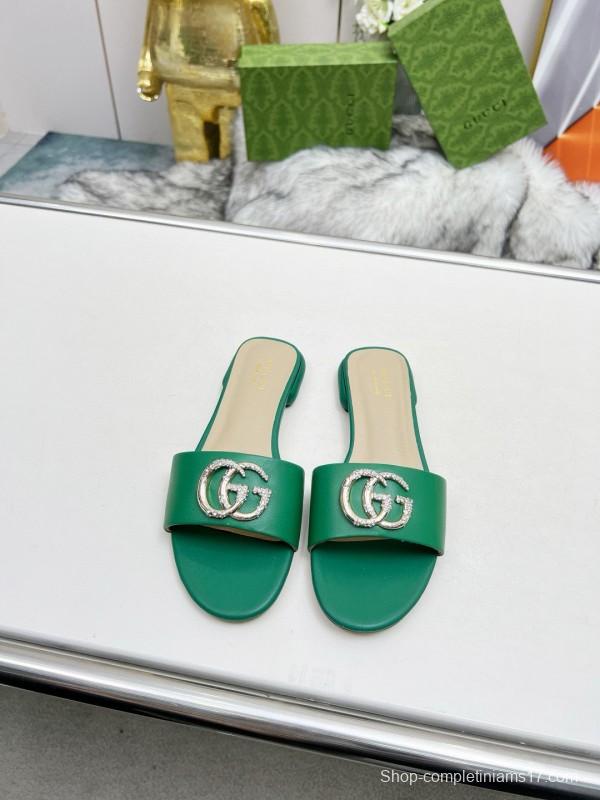 2025 Women Gucci Green Leather Flat Heel Slippers Double G Buckle MJ00190