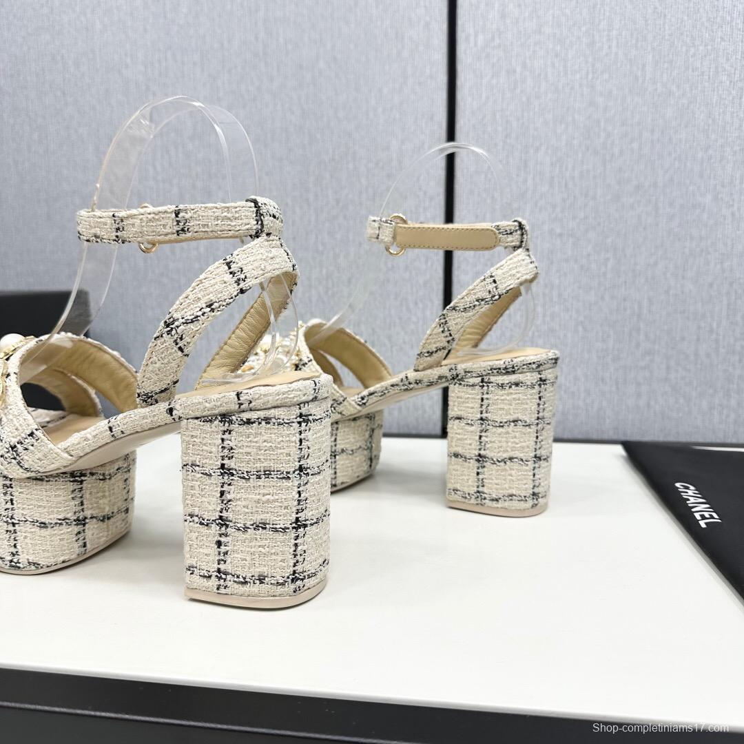 2025 Women Chanel Beige Black Tweed Platform Sandal KFY00310