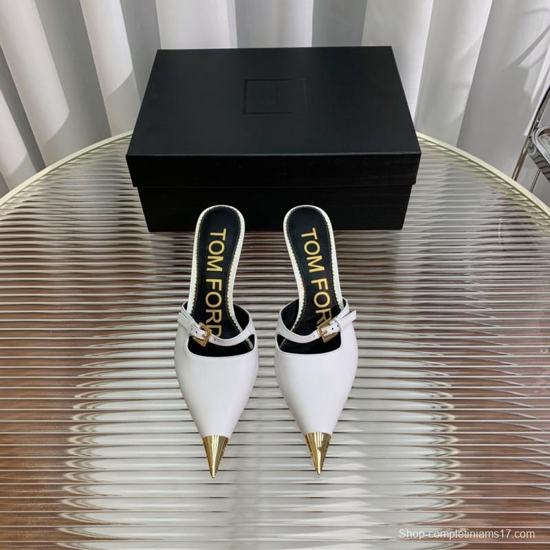 2025 Women TOM FORD White Gold Leather Pointed Toe Mules