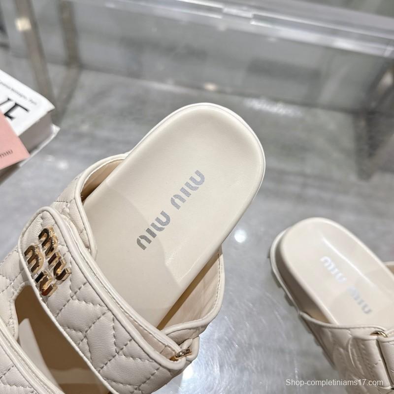2025 Women Miu Miu White Leather Sandals
