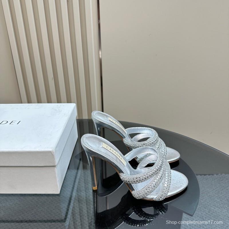 2025 Women Casadei Silver Leather High Heel Crystal Embellished KFY00290
