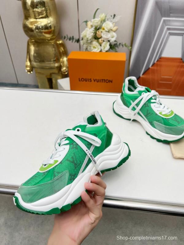 2025 Unisex Louis Vuitton Green White Leather Mesh Rubber Sneakers Monogram LY00340