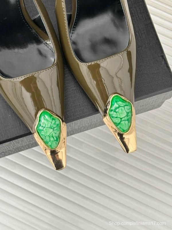 2024 Women Yves Saint Laurent Olive Green Gold Calf Leather Slingback Gemstone High Heels MJ00330