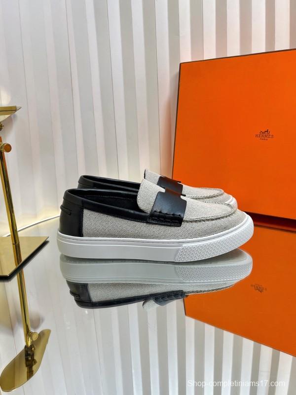 2025 Unisex Hermès Black White Leather Fabric Loafers LY00310(F)/LY00320(M)