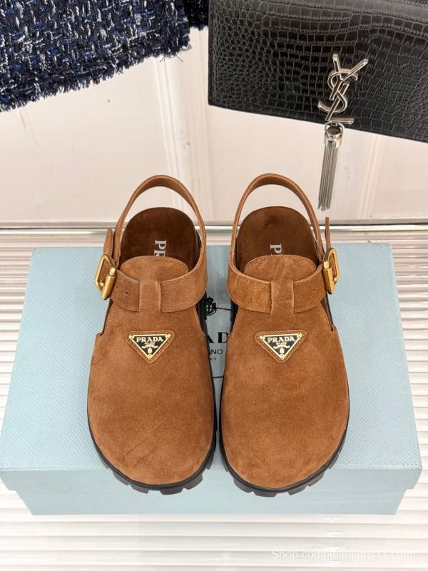 2025 Women Prada Brown Suede Sandals KFY00280
