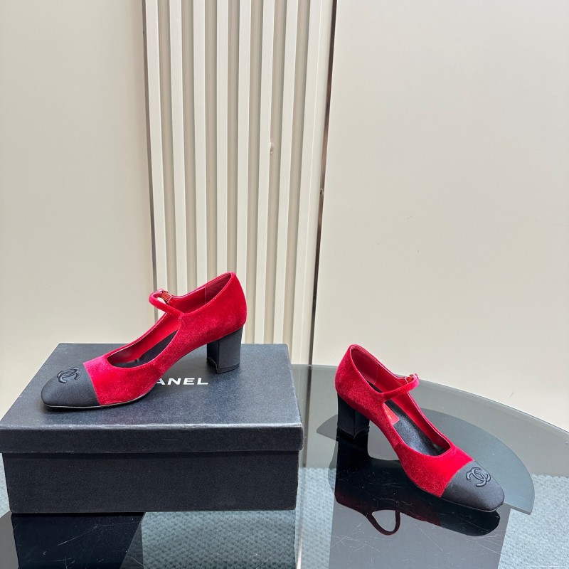 2025 Women Chanel Red Black Suede Leather Mary Jane Logo KFY00290