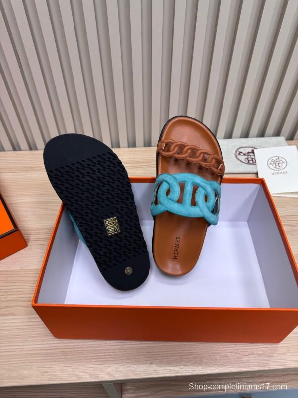2025 Slippers Hermès Blue Brown Leather Slippers