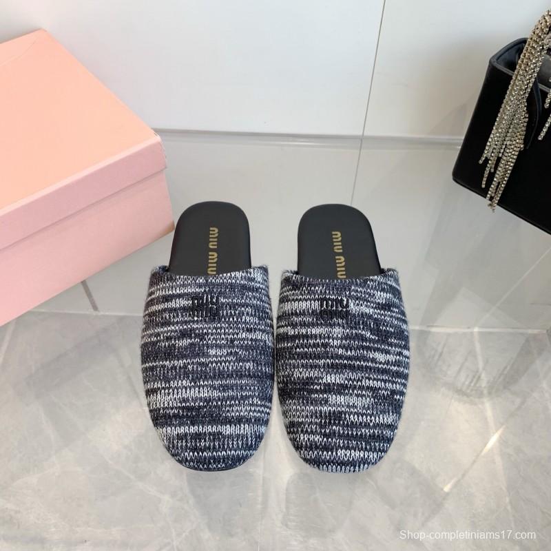 2025 Women Miu Miu Black White Knit Leather Slippers